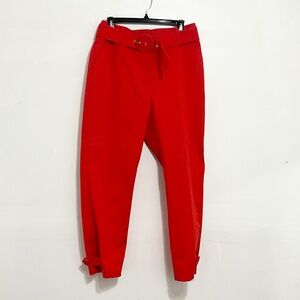 NEW YORK & CO Women Belted Crop Pants Cotton Stretch Red Hi Rise Pockets Size 12